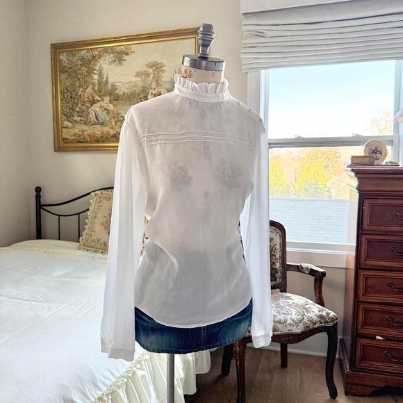 70s sheer white ruffle neck blouse vintage - Picture 2 of 4
